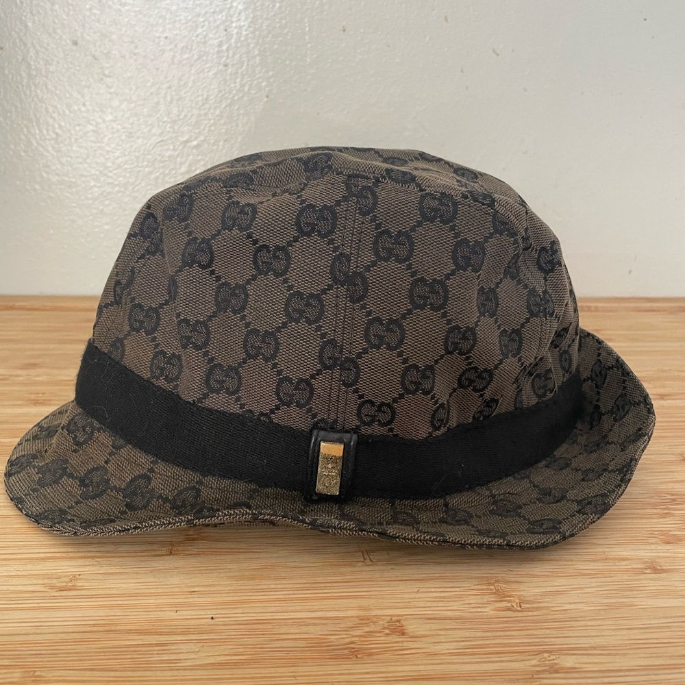Vintage Gucci Brown Monogram Bucket/Fedora Hat Sz M
